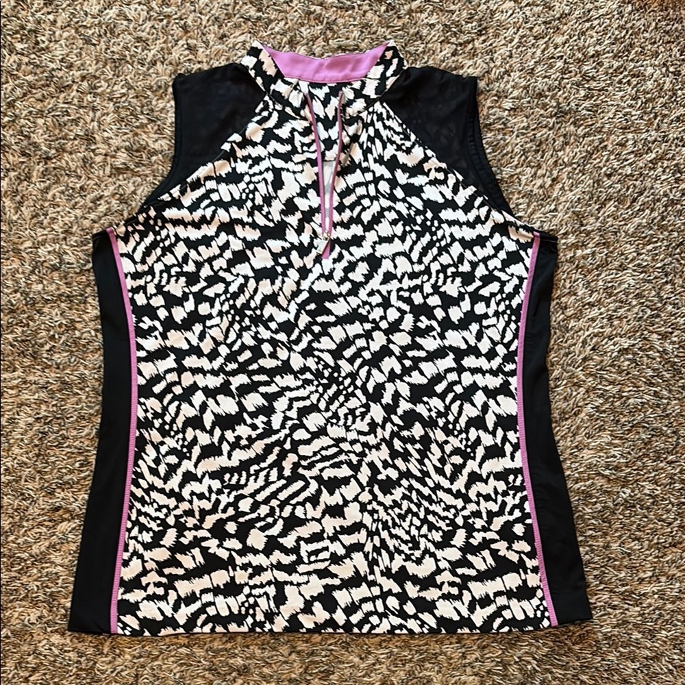 Tail Black and White Graphic Tank Top with Pink Trim